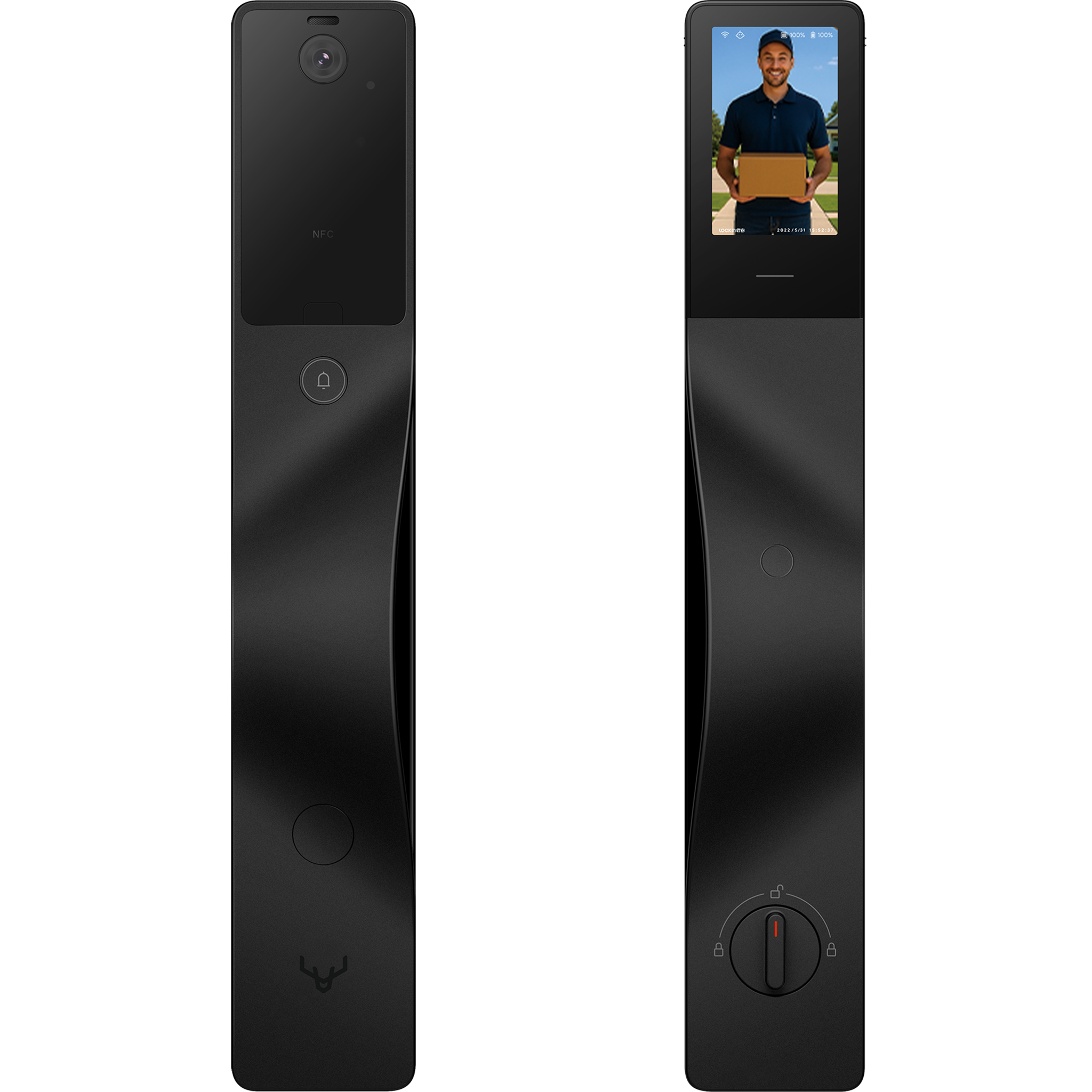 V5 Vision Black all-in-one mortise smart door lock with facial recognition, built-in video doorbell, indoor display, Apple HomeKit, and fully automatic touchless entry