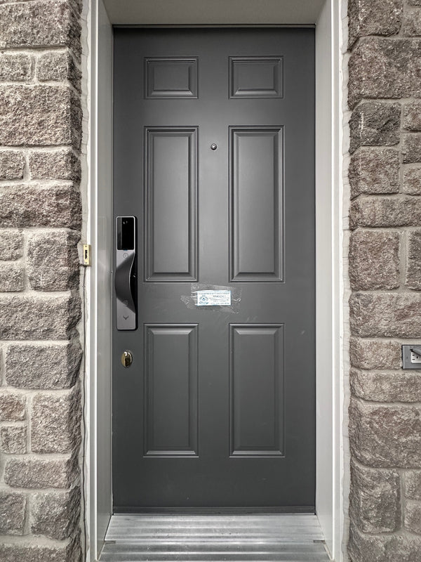 v5 gray installed on a residential door in a North American home