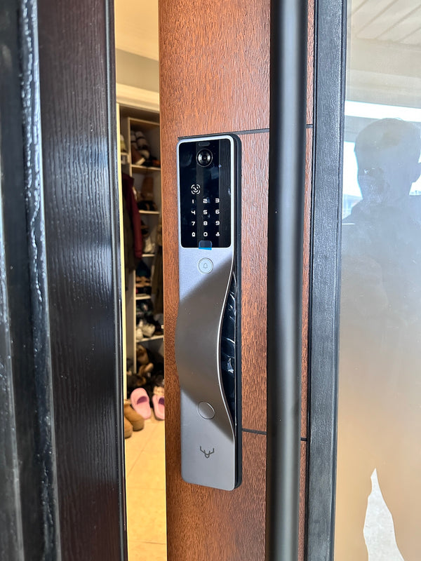 v5 gray installed on a residential door in a North American home