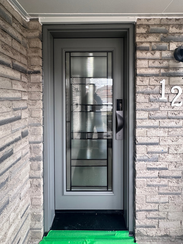 v5 gray installed on a residential door in a North American home