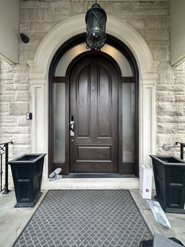 v5 gray installed on a residential door in a North American home