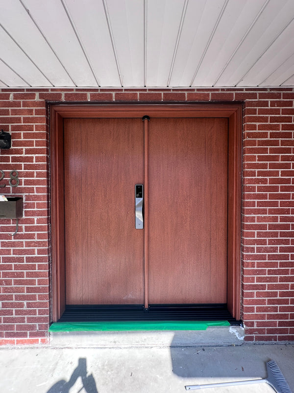 v5 gray installed on a residential door in a North American home