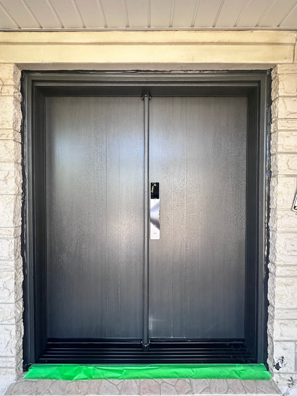 v5 gray installed on a residential door in a North American home