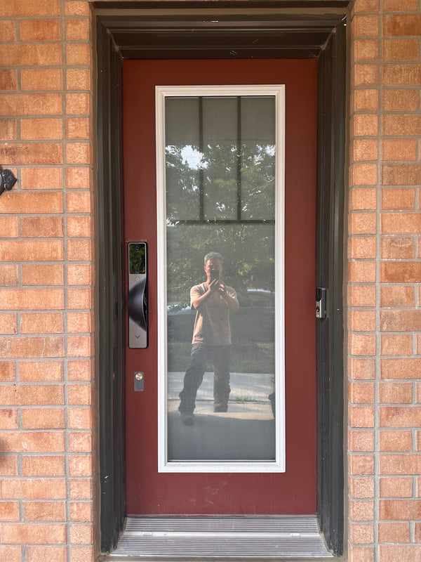 v5 gray installed on a residential door in a North American home