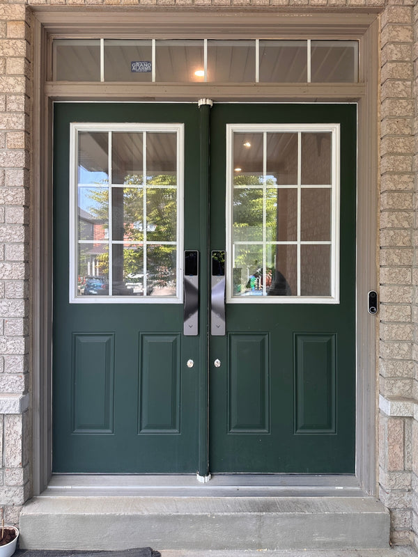 v5 gray and dummy installed on a residential door in a North American home