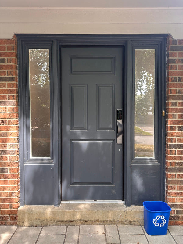v5 gray installed on a residential door in a North American home