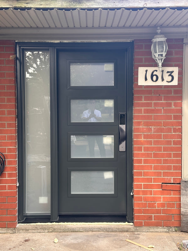 v5 gray installed on a residential door in a North American home
