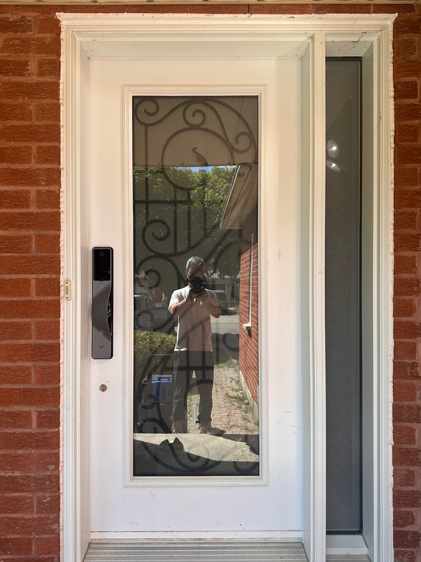 v5 gray installed on a residential door in a North American home