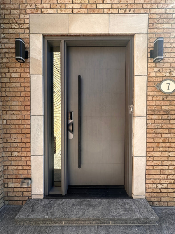 v5 gray installed on a residential door in a North American home