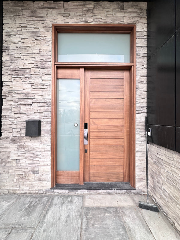 v5 gray installed on a residential door in a North American home