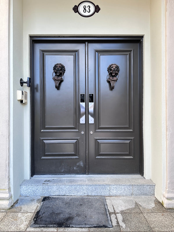 v5 gray and dummy installed on a residential door in a North American home