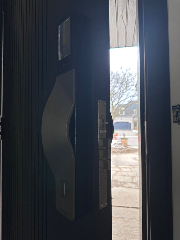 v5 gray installed on a residential door in a North American home