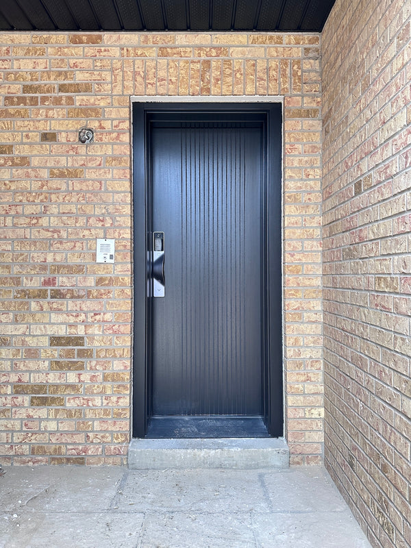 v5 gray installed on a residential door in a North American home