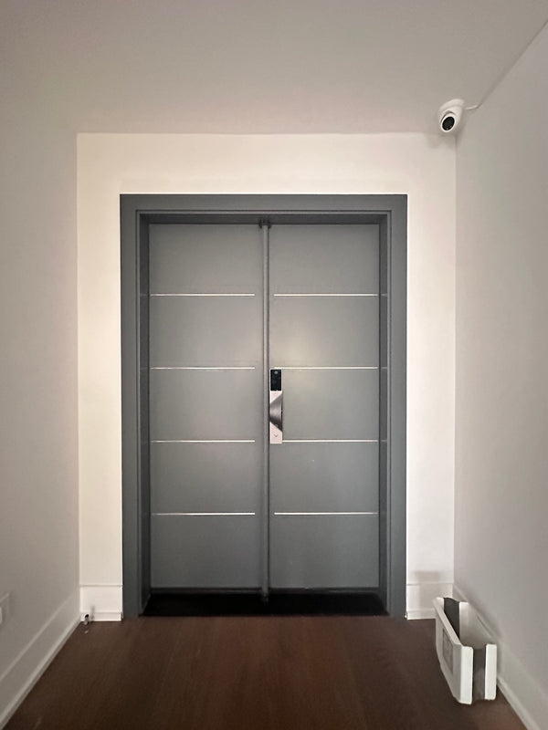 v5 gray installed on a residential door in a North American home