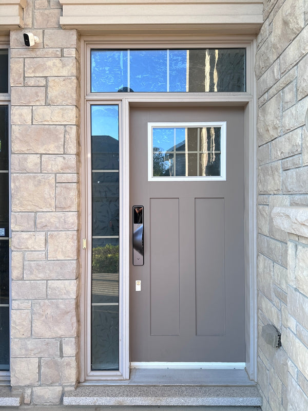 v5 gray installed on a residential door in a North American home