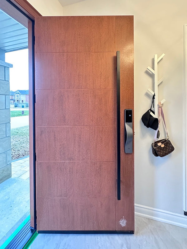 v5 gray installed on a residential door in a North American home