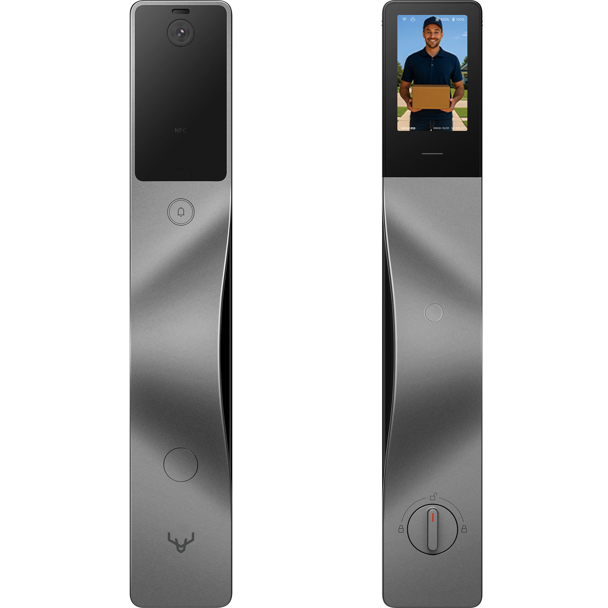 V5 Vision Gray all-in-one mortise smart door lock with facial recognition, built-in video doorbell, indoor display, Apple HomeKit, and fully automatic touchless entry
